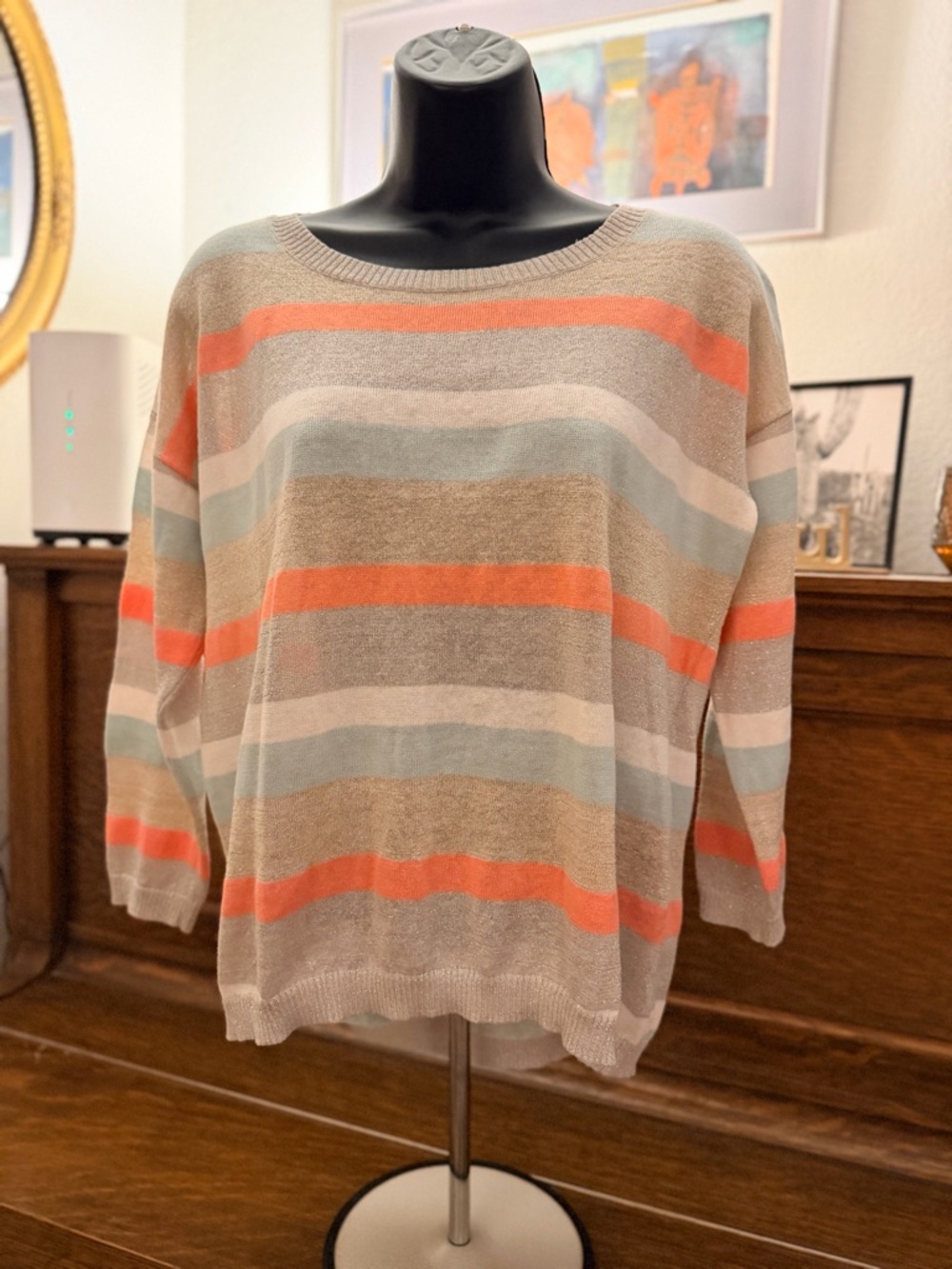 LOFT Striped Scoopneck Sweater in Coral, Cream, Light Blue & Tan